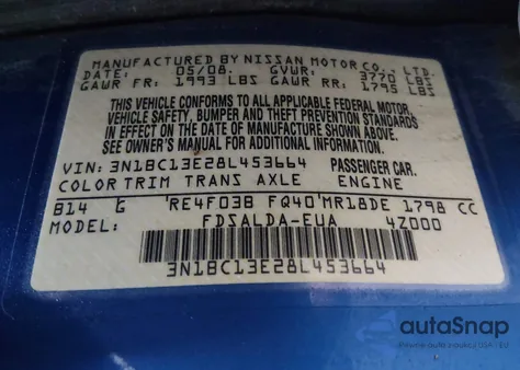 2008 Nissan Versa 1.8S z USA, uszkodzony, nr VIN 3N1BC13E28L453664